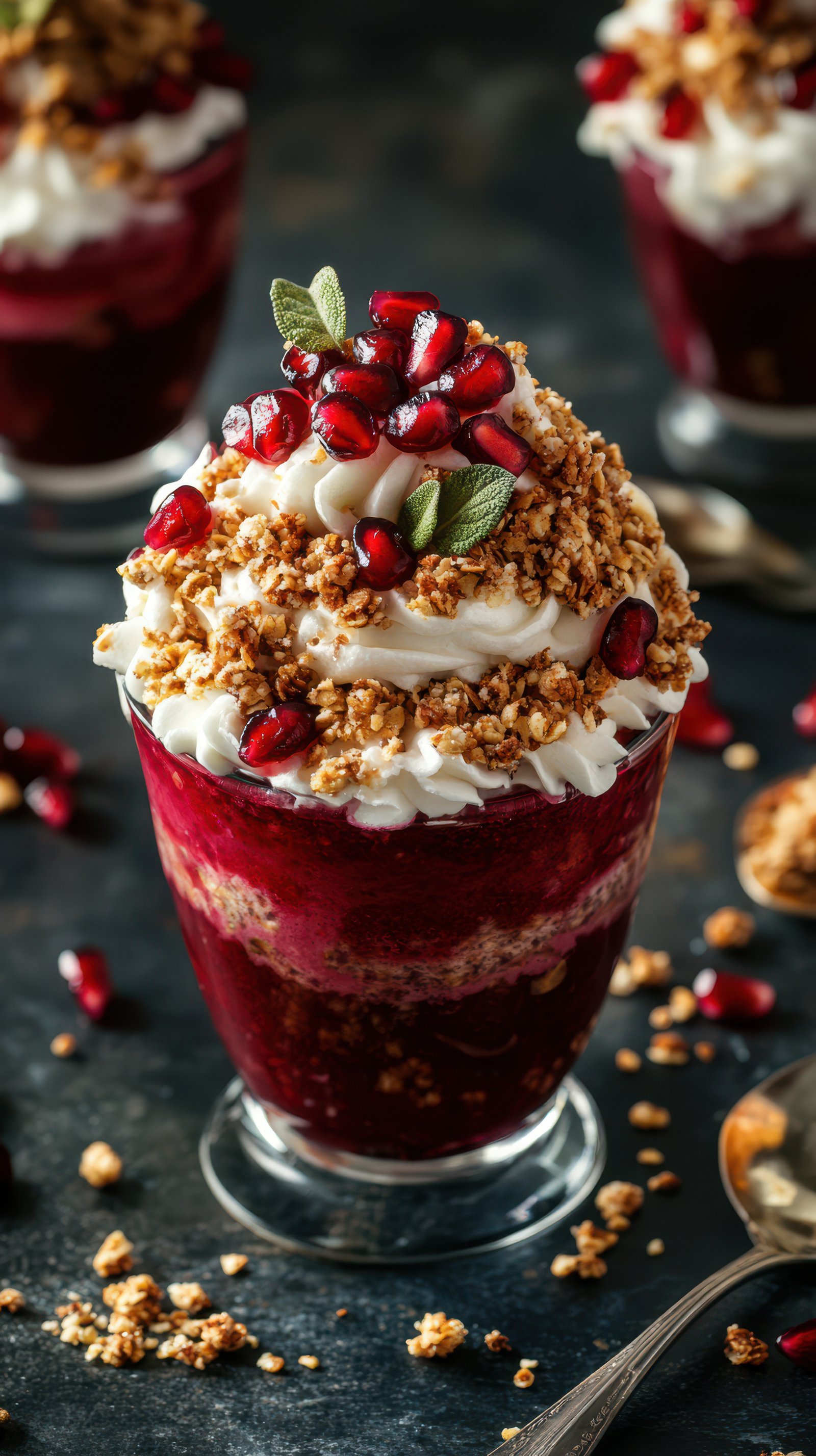 Delicious layered dessert with yogurt, pomegranate, and granola served in a glass on a dark table